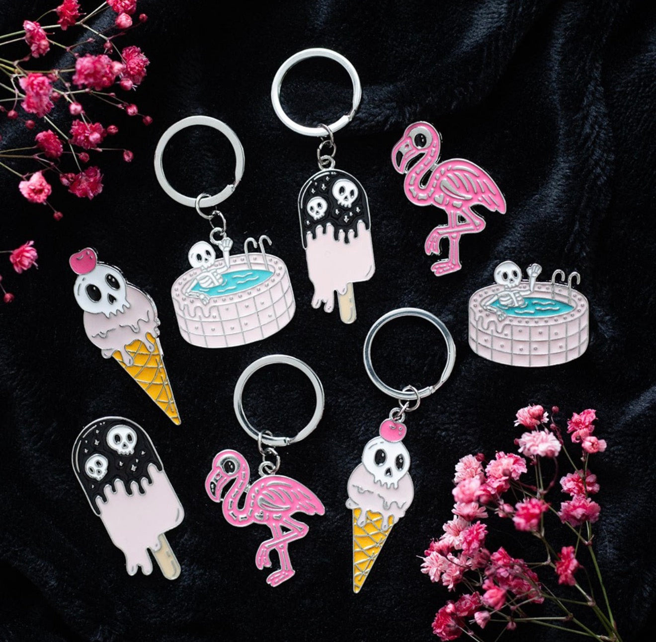 Dead Cool Skeleton and Flamingo Pins - Enamel, Set of 2