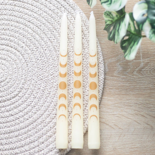 Set of 3 Off White Moon Phases Taper Candles