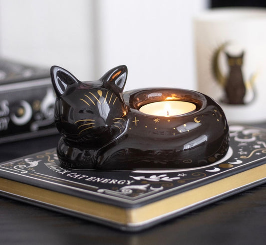 Black Cat Magick Curled Cat Tealight Holder