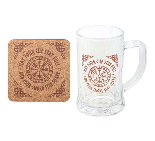 Viking Compass Glass Beer Tankard with Coaster