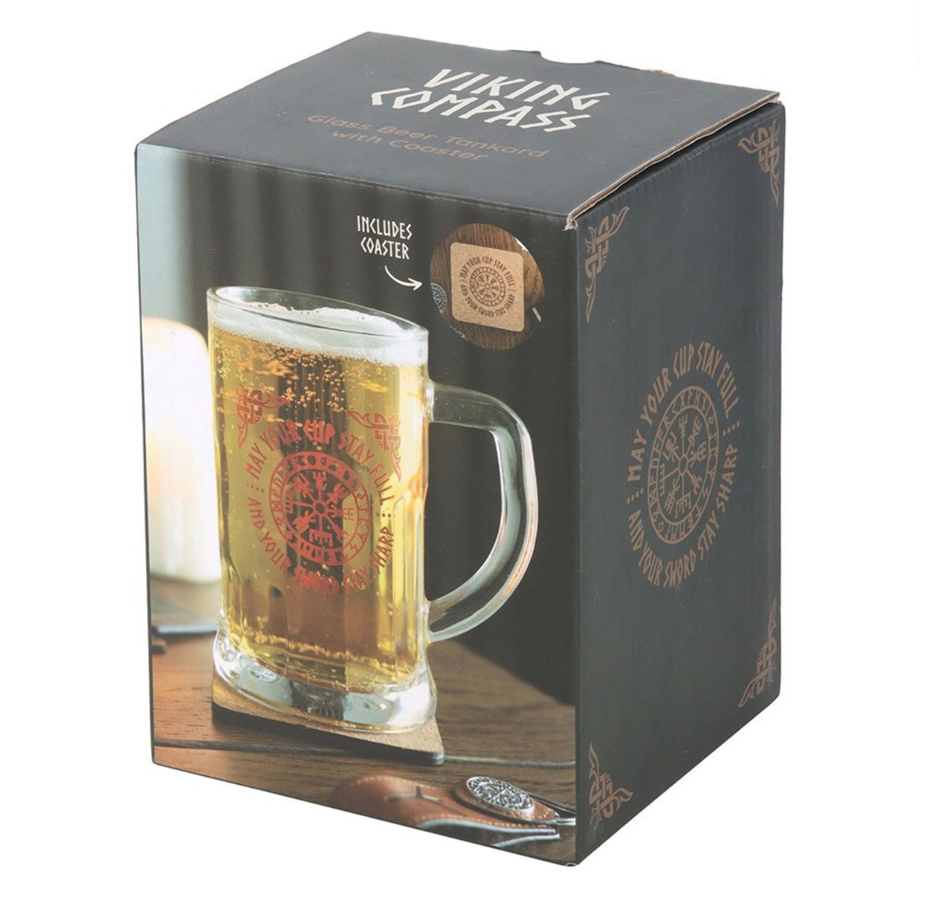 Viking Compass Glass Beer Tankard with Coaster