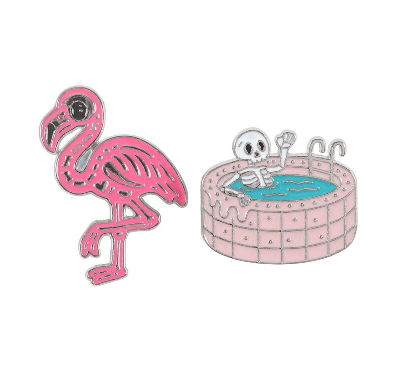 Dead Cool Skeleton and Flamingo Pins - Enamel, Set of 2