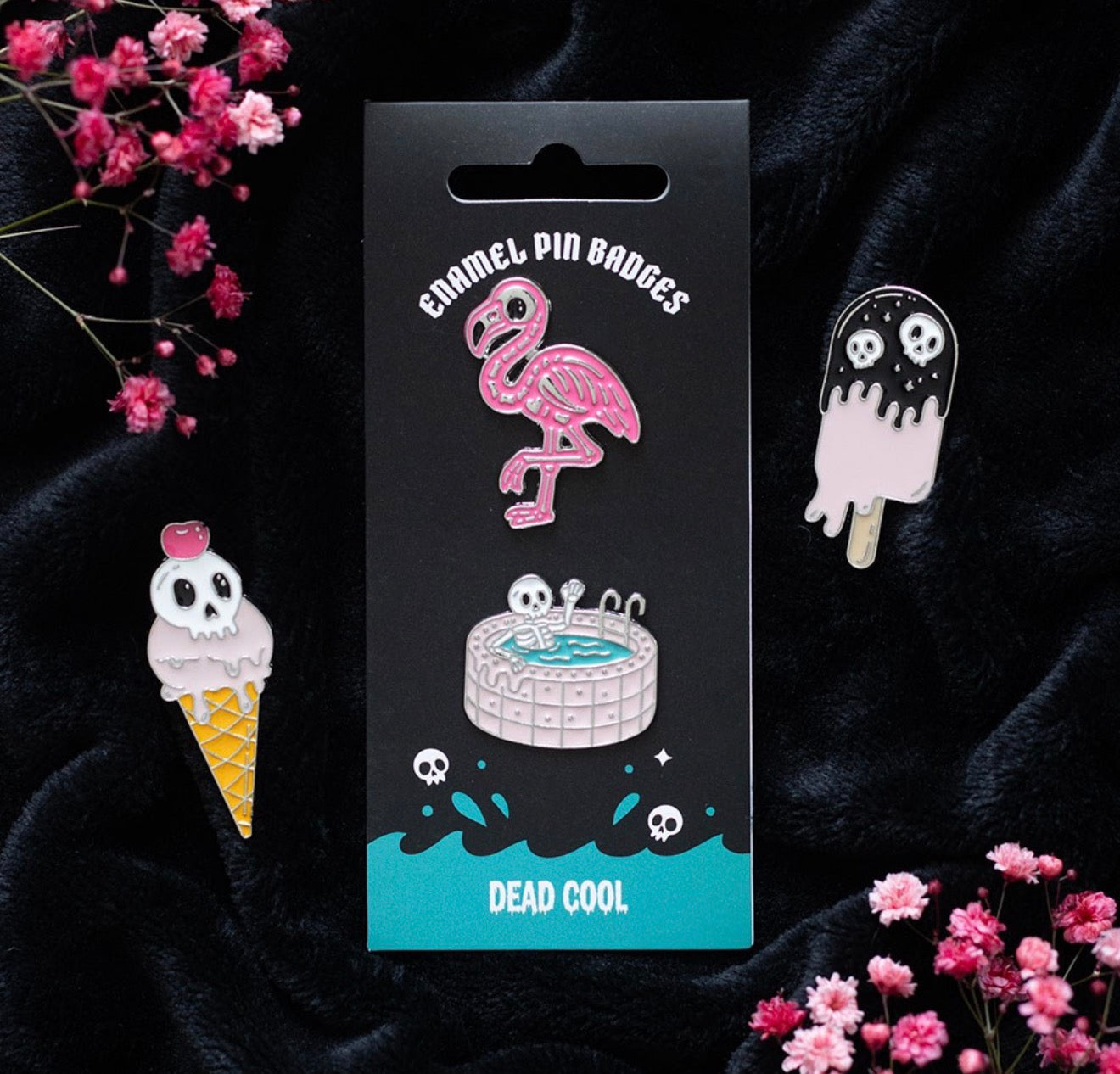 Dead Cool Skeleton and Flamingo Pins - Enamel, Set of 2