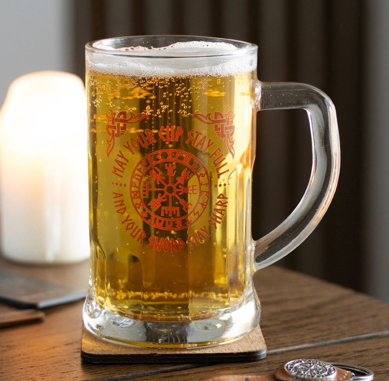 Viking Compass Glass Beer Tankard with Coaster