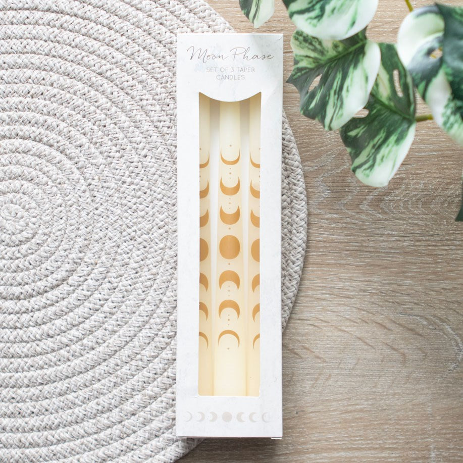 Set of 3 Off White Moon Phases Taper Candles